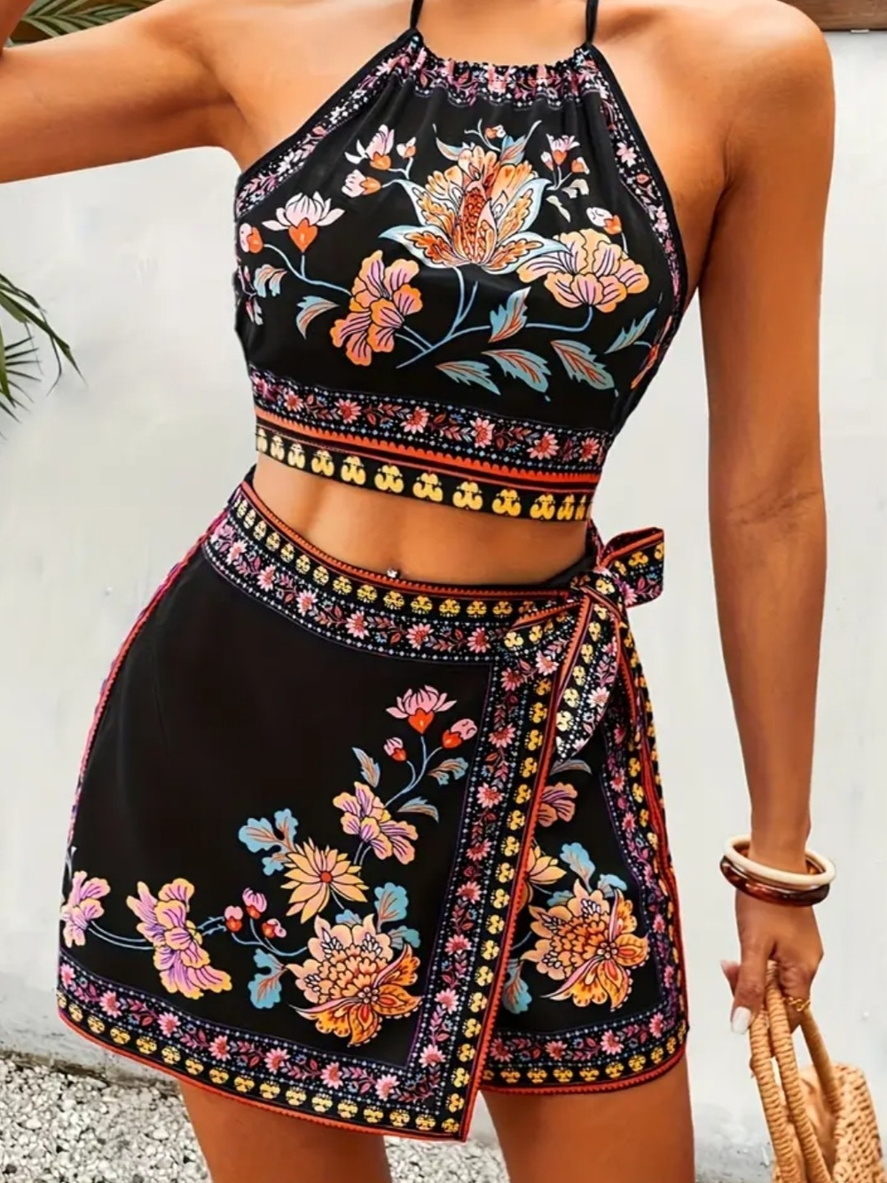 Cupshe Black Floral Halter Crop Bodysuit